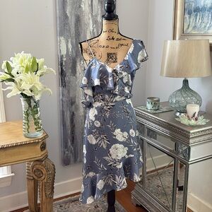 LUCY PARIS Designer satin floral ruffle summer dress blue white black cruise M